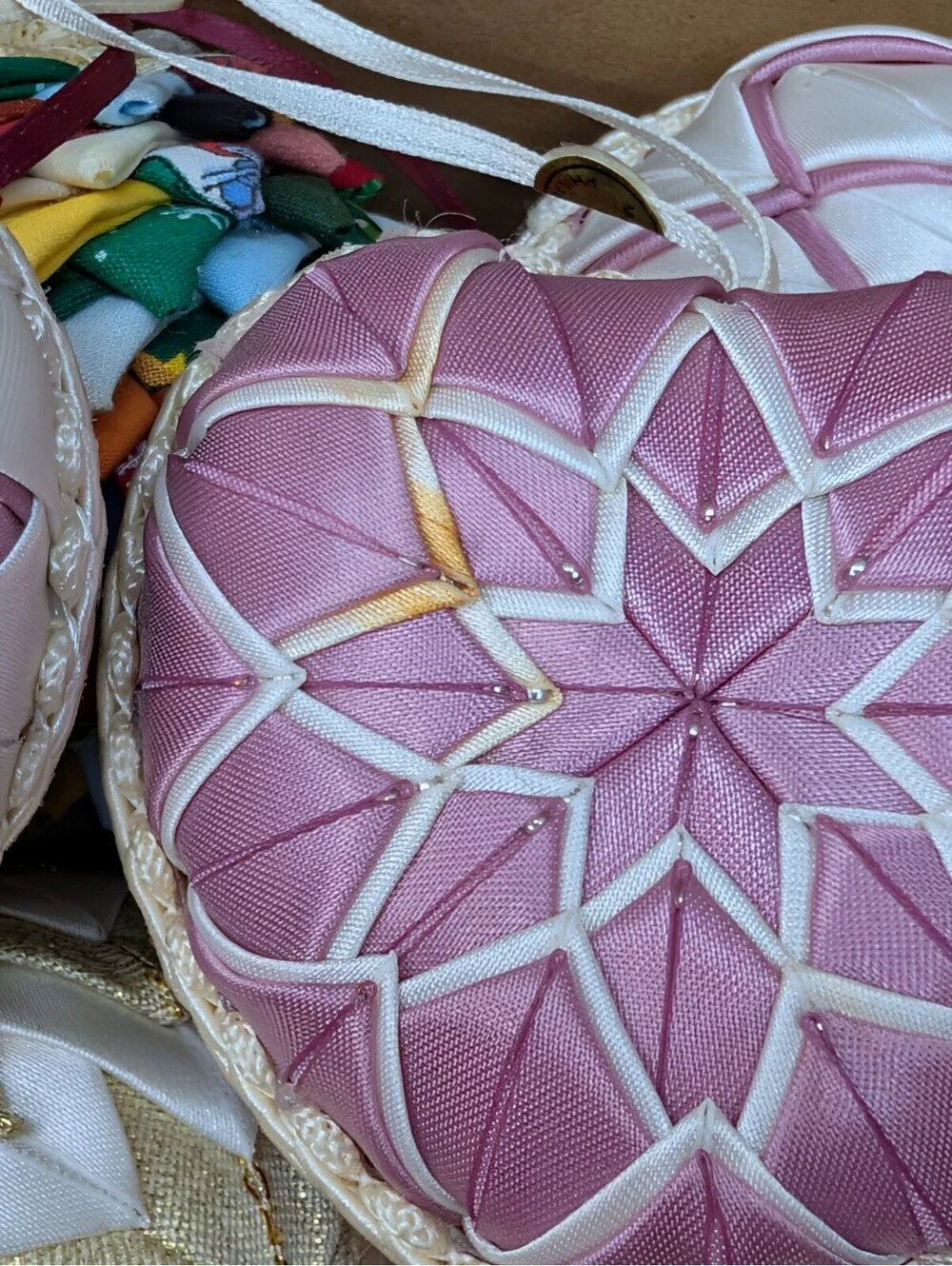 Vintage Quilted Satin Ribbon Christmas Ornaments Lot 10 Satin Folded Star Heart